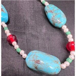 18" Turquoise Beaded Necklace Colorful Beads Silvertone Toggle Statement Jewelry